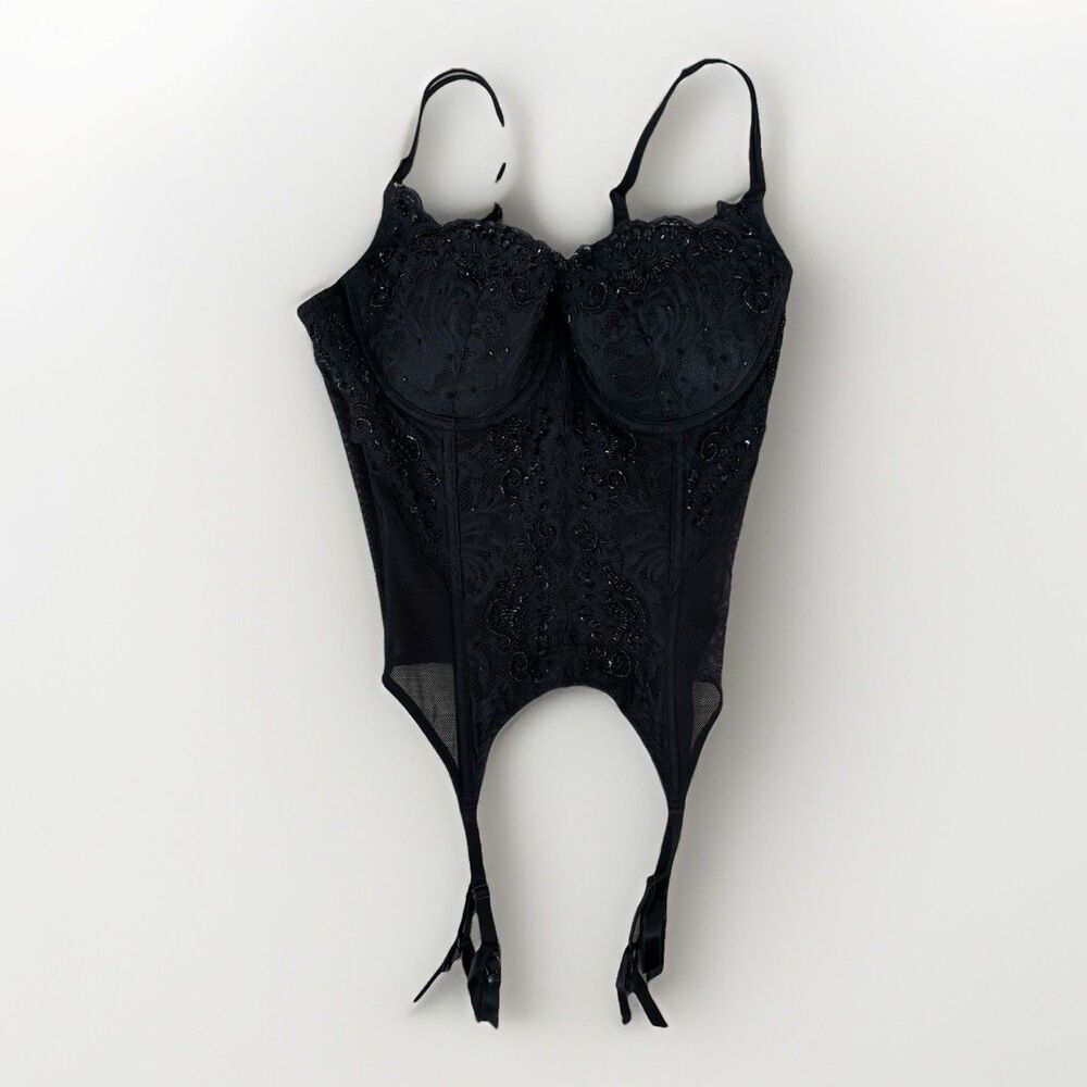 Victoria Secret Black Corset Size 36C Beaded Bustier Mesh Lace Garter Lingerie